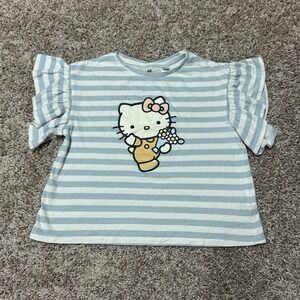 HM Sanrio Hello Kitty Girls Blue White Striped Ruffle Sleeve T-Shirt Size 8-10Y